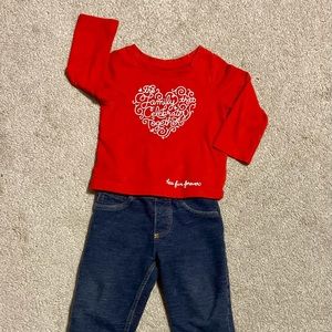 Cat & Jack Red Top w/Heart Phrase & Carter’s Denim Jeggings - Size 12 mos (VGUC)